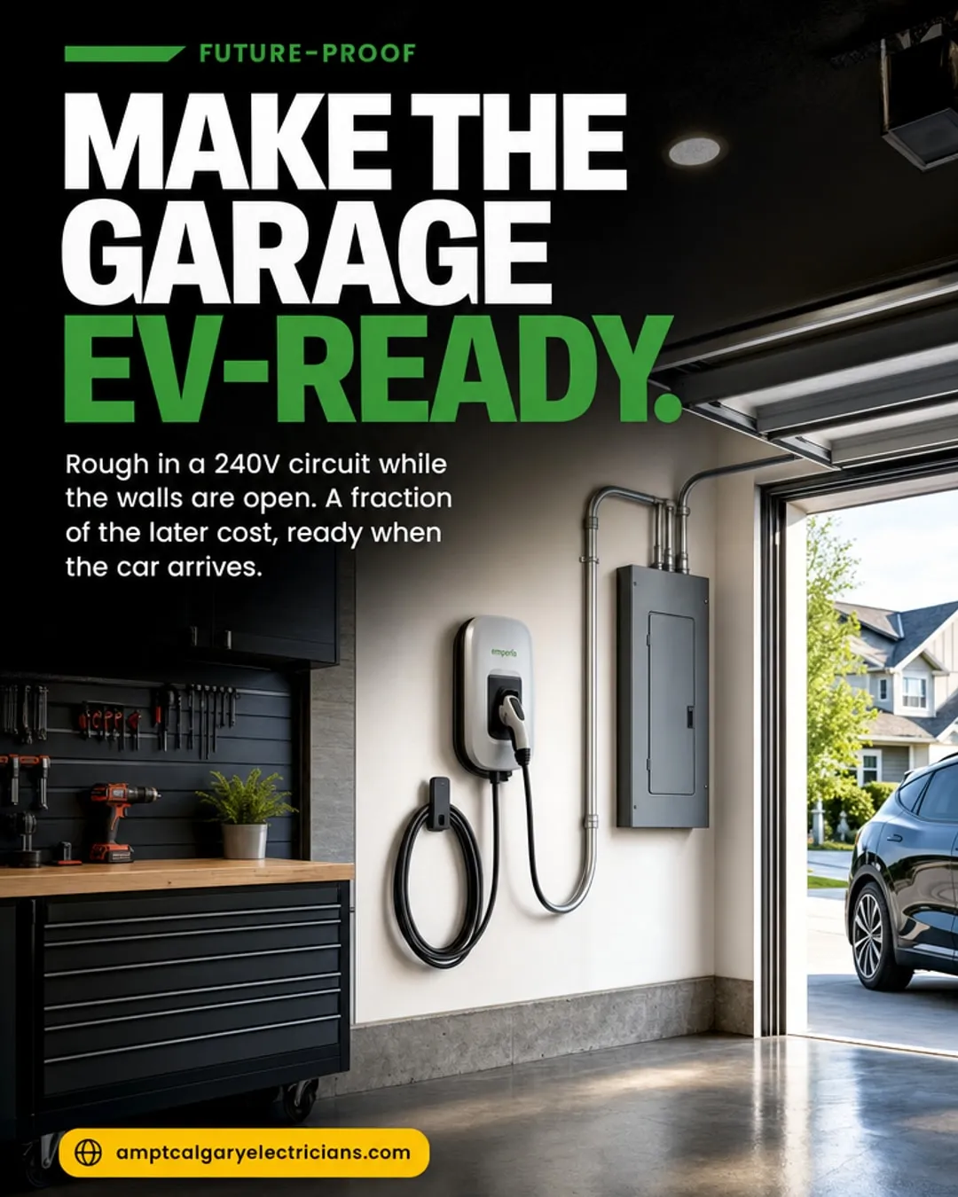 Ampt Over Electric social post: EV-ready garage